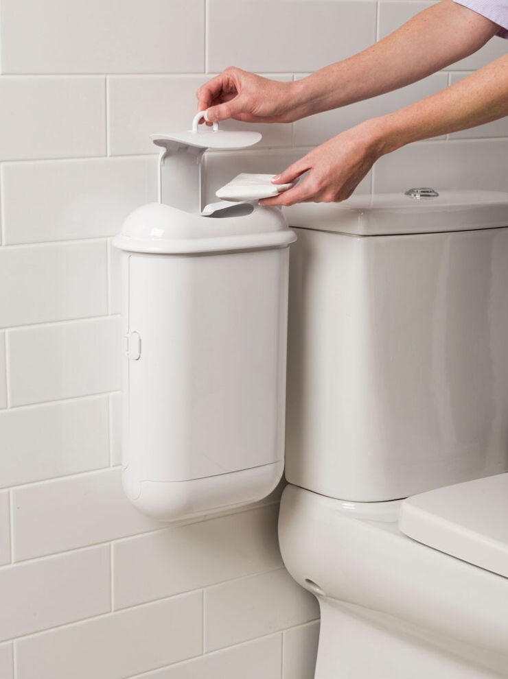 LadyPod feminine unit, bin, hygienic receptacle for used towels and tampons